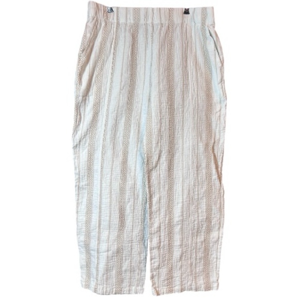 Coastal Comfort Stripe Wide Leg Pants Size XXL 100% Cotton Ivory Elastic Waist